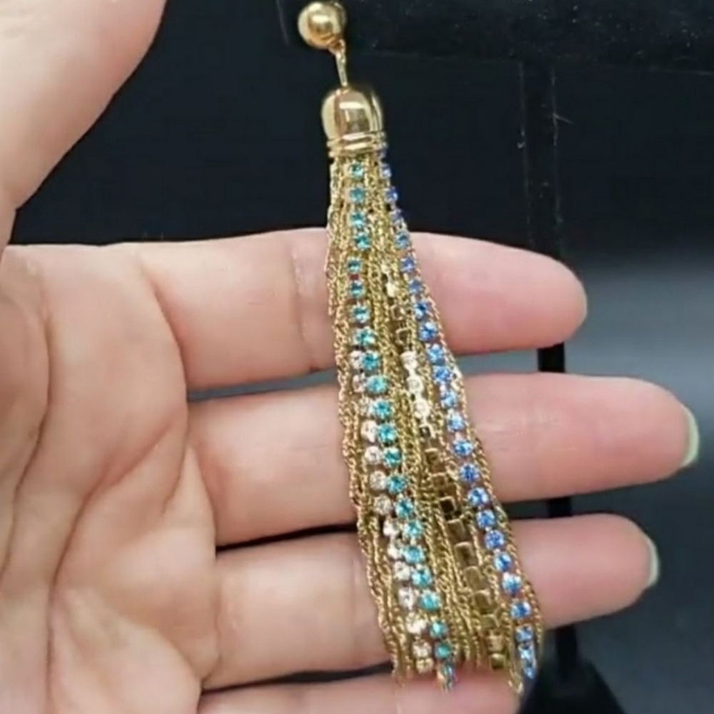 David Tutera Blue Crystal Tassel Earrings - Picture 3 of 6